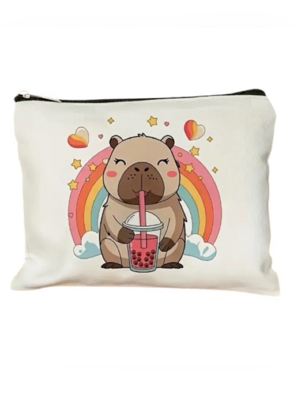 Capybara Bubble Tea Rainbow Makeup Bag Travel Toiletries Pencil Case Pouch NWOT